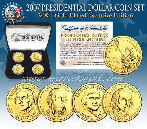 2007 U.S. MINT 24K GOLD PRESIDENTIAL $1 DOLLAR COINS w/BOX *COMPLETE SET OF 4*