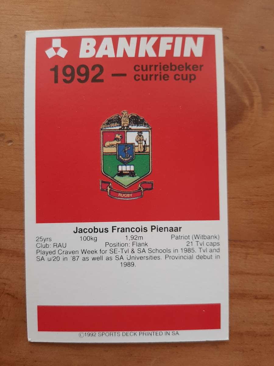 Sports Deck 1992 Currie Cup Collectors Cards: No 74 - Francois Pienaar (Transvaall)