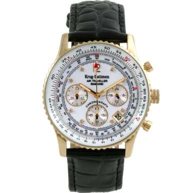 KRUG BAUMEN AIR TRAVELLER DIAMOND GOLD PLATED WHITE DIAL  BLACK STRAP - AUTHENTIC -