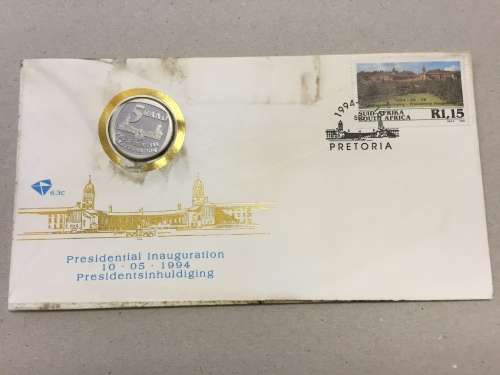 RSA FDC 6.3c - 1994 Presidential Inauguration Nelson Mandela (Envelope Damaged) with R5 Coin