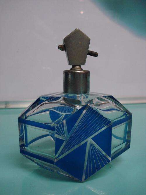 Genuine Magnificent blue 1928 Antique Vintage Art Deco cut crystal glass perfume scent bottle vial
