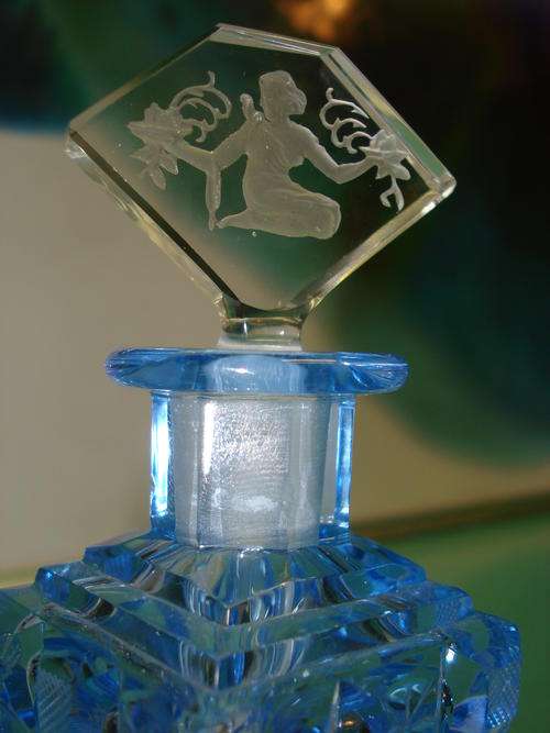 Stunning Cobalt Cut Crystal glass perfume scent bottle Vial etched Art Nouveau stopper mint