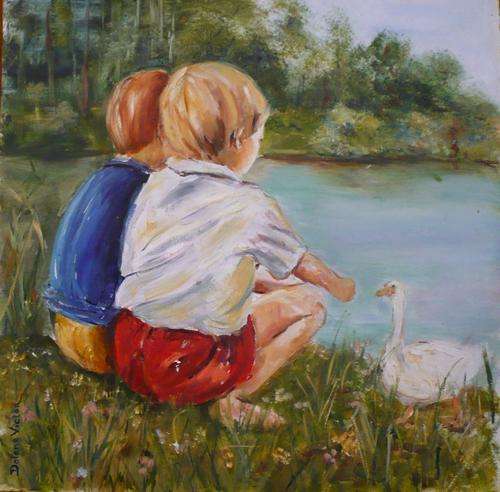 ORIGINAL OIL PAINTING BY DALENE VICTOR - 350 x 350  "FEEDING THE DUCKS"