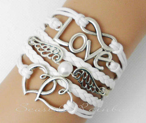 Bracelets Infinity handmde leather bracelets heart to heart Love and pearls wings Charm Bracelet