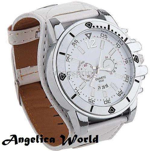 Luxury White Wide Leather Strap Quartz Men Ladies Sport Analog Wrist Watch