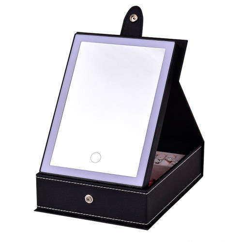 LED Lighted Makeup Mirror with Storage Box for Cosmetics and Jewelry