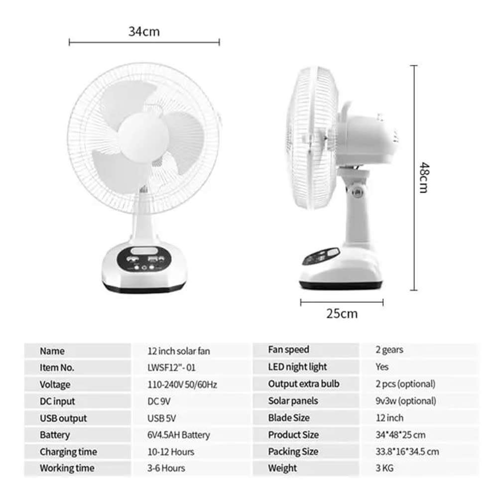 12inch Rechargeable and Solar Power Fan with LED Light Air Cooling Fan