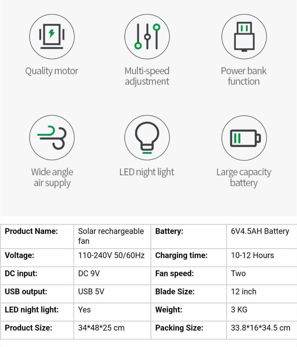 12inch Rechargeable and Solar Power Fan with LED Light Air Cooling Fan
