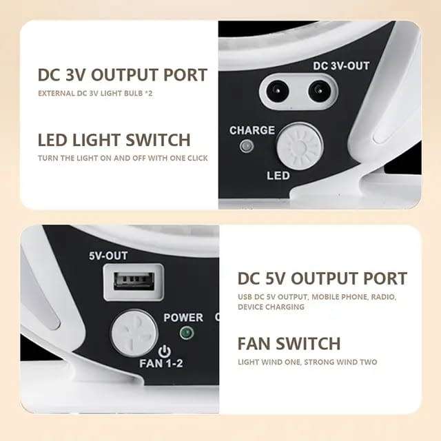 Solar Fan 6 inch Camping Portable Solar Rechargeable Box Fan With LED lights