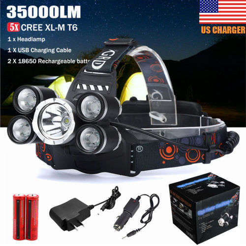 5x Cree T6 LED Headlamp USB Rechargeable 18650 Headlight Head Torch
