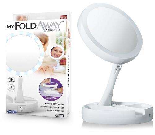 Fold-Away Distortion-free, LED-illuminated and Two-sided Mirror