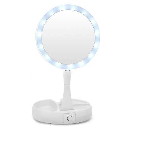 Fold-Away Distortion-free, LED-illuminated and Two-sided Mirror