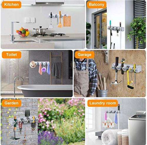 Broom and Mop Holder Wall Mounted Garden Tool Rack Garage Storage and Organizer