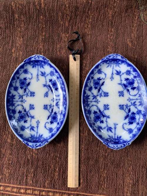 Burgess and Leigh, Middle Port Pottery, Blue and white (blue flow) oval plates 22cm