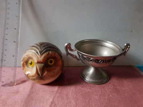 Vintage round onyx stone Owl paperweight and Trophy