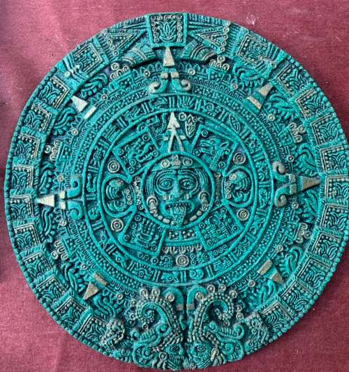 Vintage Mexican Aztec Mayan Calender, Cuauhxicalli turquoise green and gold