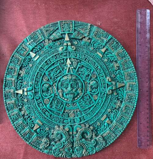 Vintage Mexican Aztec Mayan Calender, Cuauhxicalli turquoise green and gold