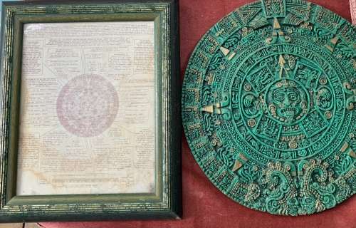 Vintage Mexican Aztec Mayan Calender, Cuauhxicalli turquoise green and gold