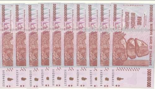 10 x Crisp UNC 1st issue ZIMBABWE 5 Billion dollar notes (in sequence) - @ R1 no reserve