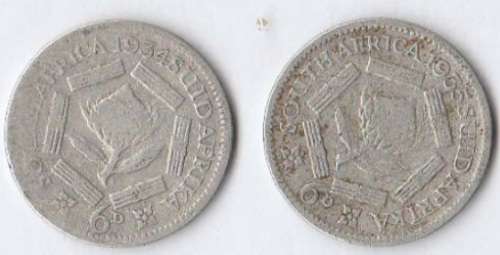 Rare SAU 1934 and 1935 silver 6D/ 6 pence set @ R1 no reserve