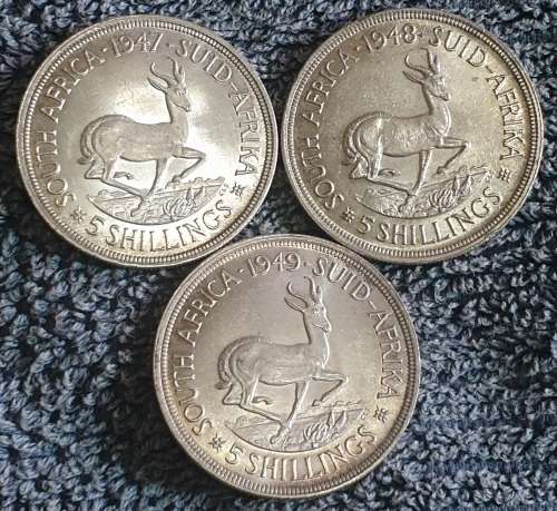 STUNNING HIGH GRADE SET - SAU 1947, 48 and 49 80% SILVER 5 SHILLINGS/CROWNS  - LOW START PRICE