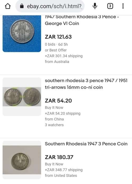 RARE 1947 SOUTHERN RHODESIA 3 PENCE - WWII GEORGE VI ERA - only 8 000 000 minted @ R1 NO RESERVE