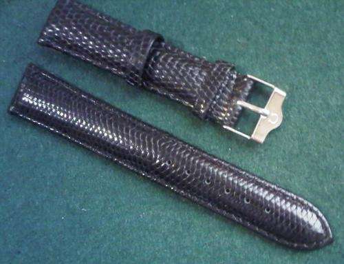 OMEGA replacement black leather bracelet with logo on buckle. New old stock