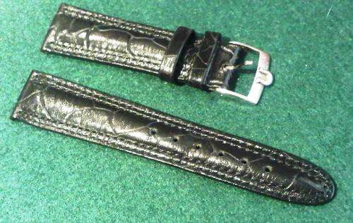 OMEGA replacement black leather bracelet with logo on buckle. New old stock leather strap