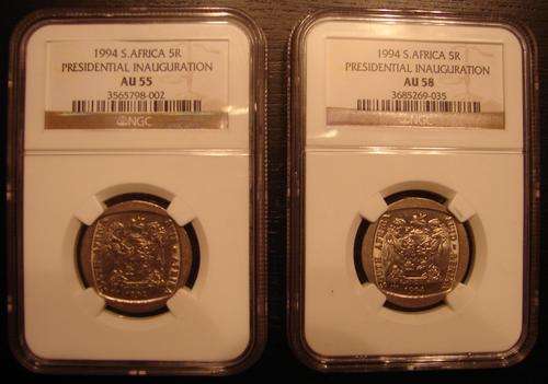 1994 Presidential Mandela Inauguration R5 AU55 & AU58 graded by NGC for both together.