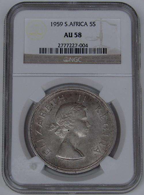 1959 Crown 5 Shillings AU58 - NGC Scarce!!!!!