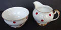 VINTAGE ROYAL VALE ENGLAND RED POLKA DOT BONE CHINA OPEN SUGAR BOWL & MILK JUG/CREAMER