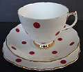 VINTAGE ROYAL VALE ENGLAND RED POLKA DOT BONE CHINA TRIO - CUP, SAUCER AND TEA/SIDE PLATE
