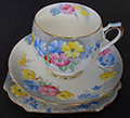 VINTAGE SHELLEY ENGLAND H.12607 TRIO FOOTED CUP, SAUCER, TEA/SIDE PLATE