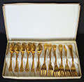 EETRITE SHELLEY 24 CARAT GOLD PLATED BOXED MATCHING SET OF SIX TEASPOONS & SIX CAKE FORKS