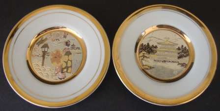 TWO JAPANESE CHOKIN PLATES 22K GOLD "JAPANESE SCENES" (PRICE FOR BOTH PLATES)