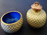 VINTAGE ORIENTAL / CHINESE CLOISONNE OPEN SALT AND PEPPER SHAKER SET