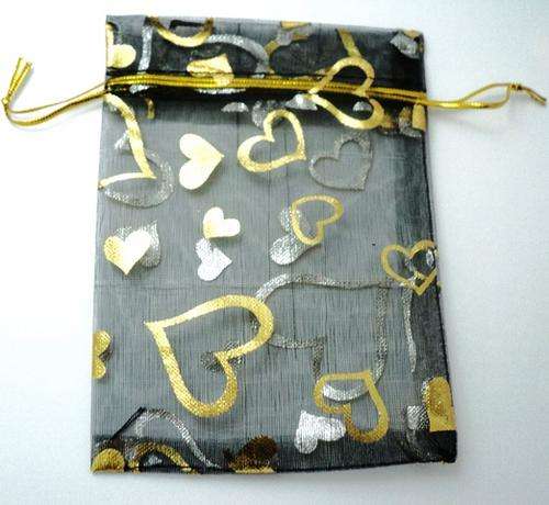 BLACK Organza Bag with GOLD HEARTS - 9cm x 12cm