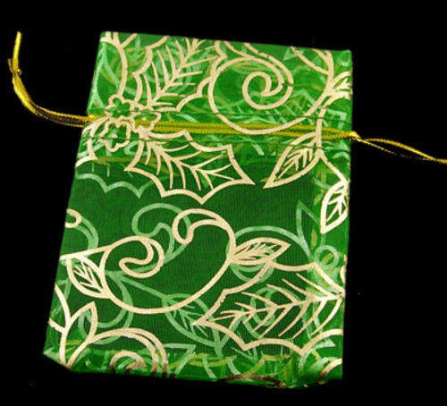 GREEN Organza Bags with GOLD MISTLETOE