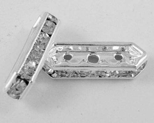 ^^NICKEL FREE^^ Silverplated 3-holed Spacer with Clear Rhinestones - 16mm x 5mm