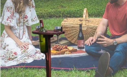 Picnic Table with Spike + Foot-Piece Combo - Outdoor/Indoor - Holds a bottle of wine and two glasses