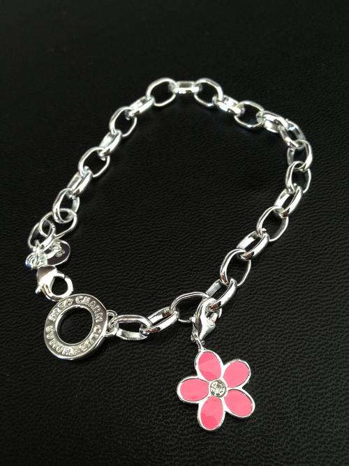 Designer's Silver Bracelet with a Pink Flower Crystal Charm*imported
