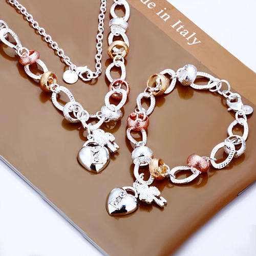 Tiffani Three Colours Rose Gold Heart and Key Bracelet and Necklace Silver Set