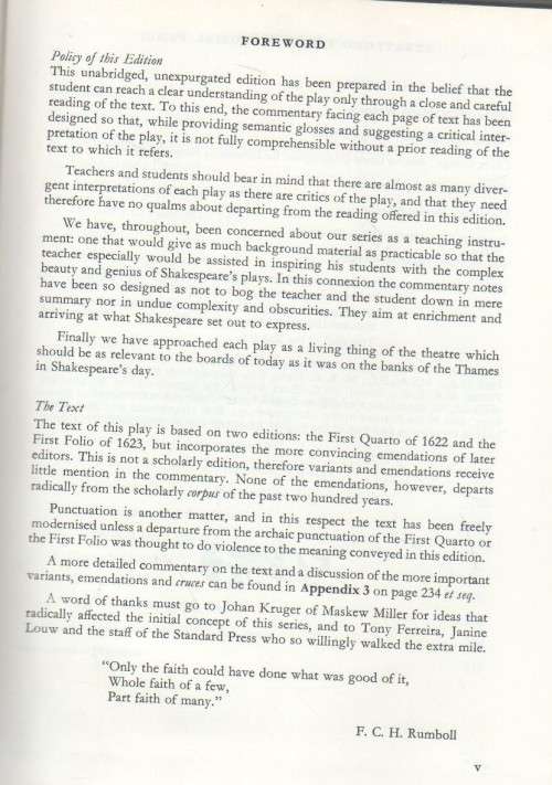 OTHELLO - WILLIAM SHAKESPEARE  - F C H RUMBOLL (1 ST PUBLISHED 1977)