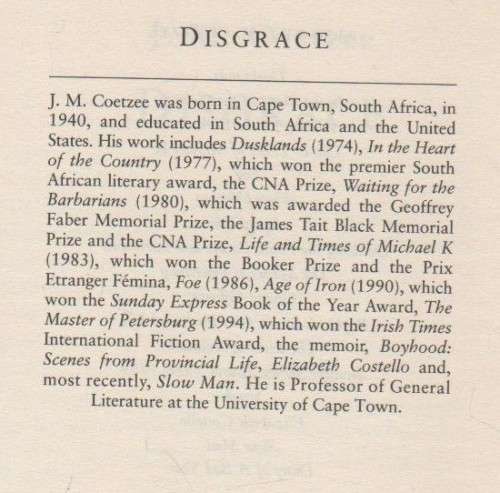 DISGRACE - J M COETZEE (1 ST PUBLISHED 1999)