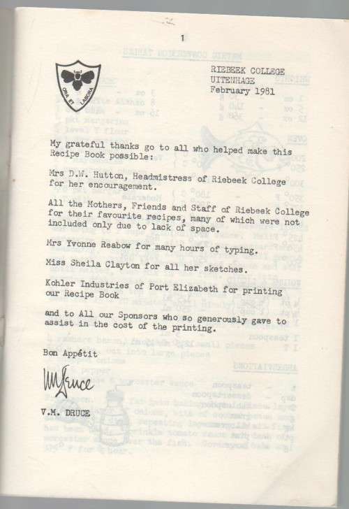 RIEBEEK COLLEGE RECIPE BOOK 1981 - CONTRIBUTED BY STAFF AND PARENTS (UITENHAGE )