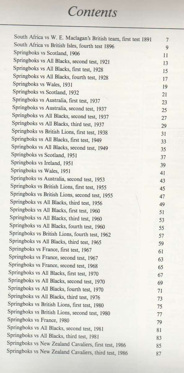 GREAT SPRINBOK RUGBY TESTS, 100 YEARS OF HEADLINES (1 ST EDITION 1989)