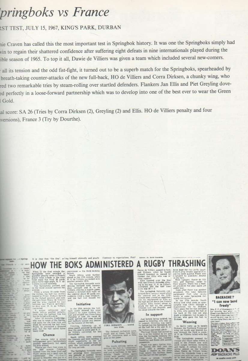 GREAT SPRINBOK RUGBY TESTS, 100 YEARS OF HEADLINES (1 ST EDITION 1989)