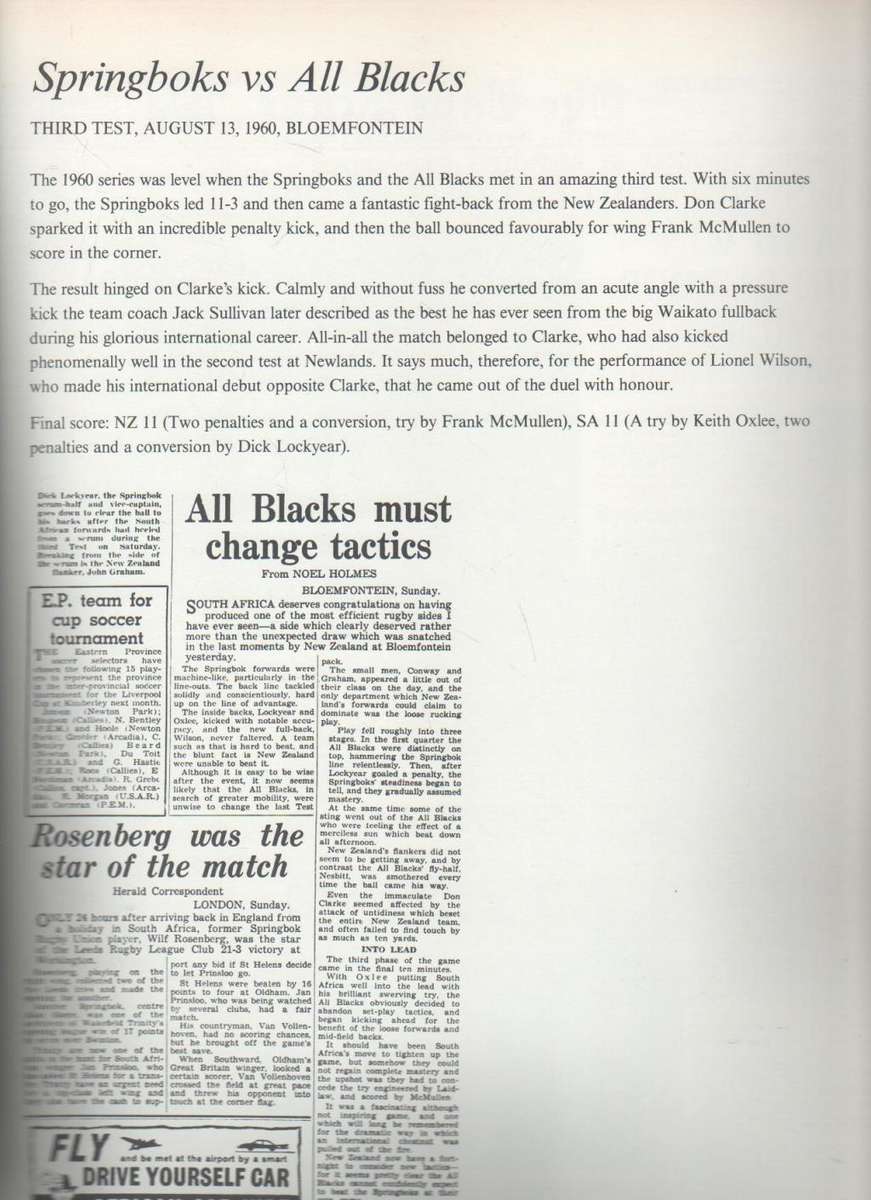 GREAT SPRINBOK RUGBY TESTS, 100 YEARS OF HEADLINES (1 ST EDITION 1989)