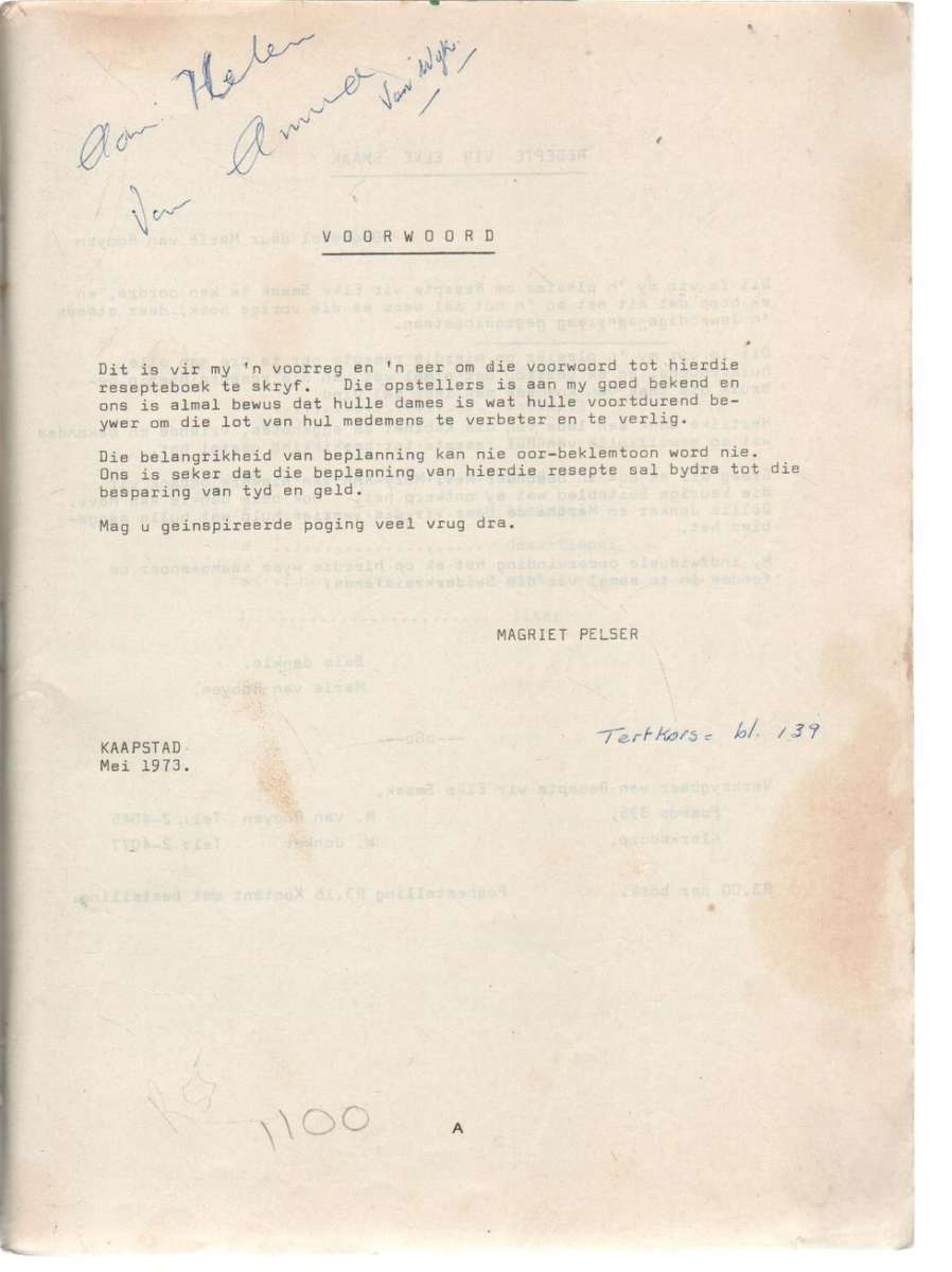 RESEPPE VIR ELKE SMAAK - SAAMGESTEL DEUR MARIE VAN ROOYEN , FONDSINSAMELING VIR DIE SUIDERKRUISFONDS