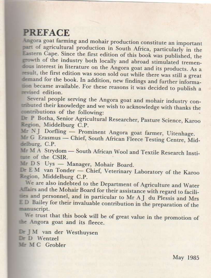 ANGORA GOATS AND MOHAIR IN SOUTH AFRICA - JM VAN DER WESTHUYSEN, D WENTZEL AND MC GROBLER (1985)